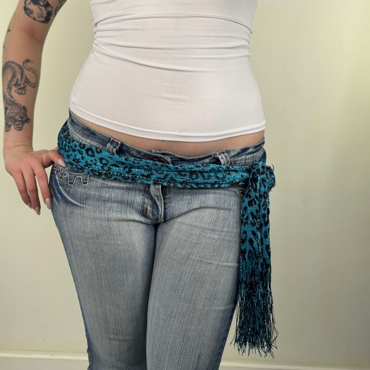 Y2K vintage scarf leopard print sparkly fringe blue black sheer knit