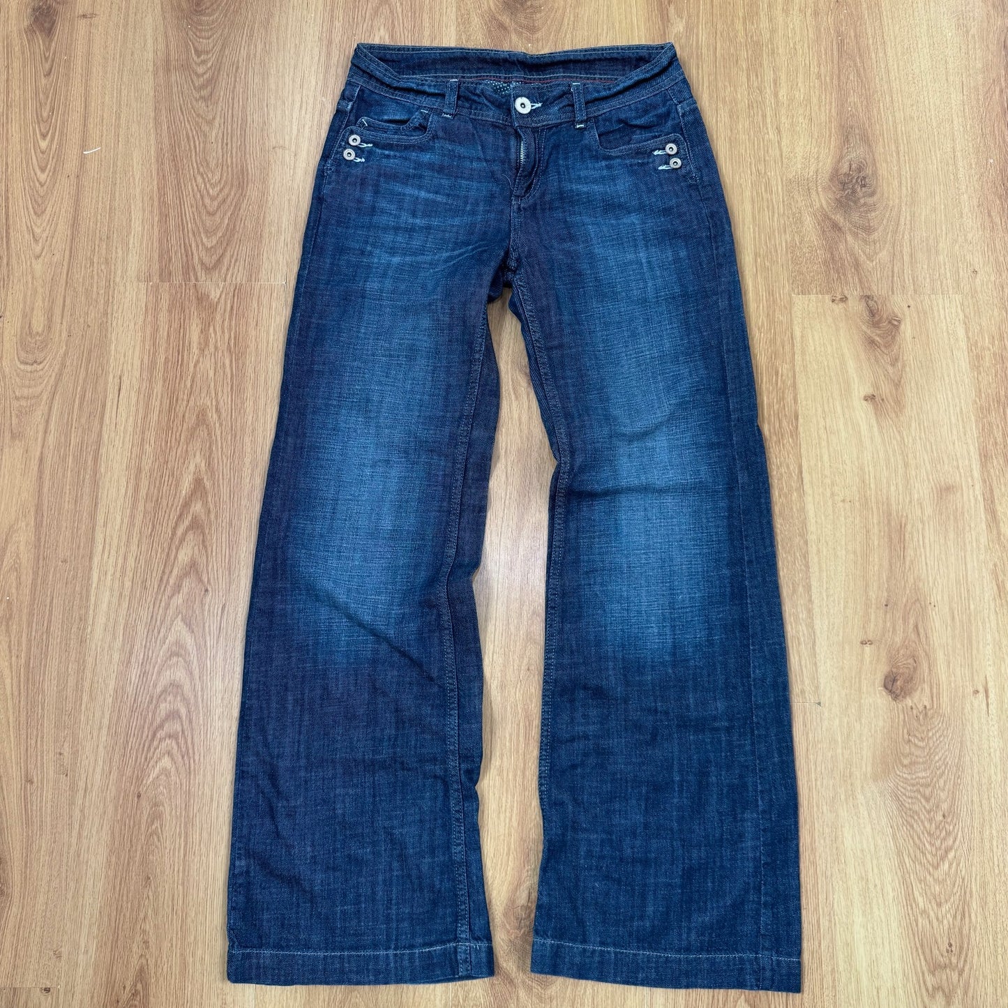 Y2K vintage bootcut denim jeans low rise faded dark blue wash cargo baggy fit