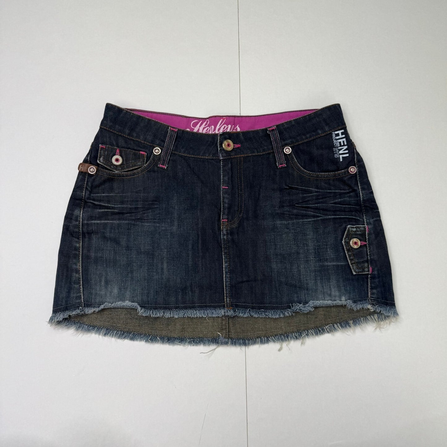 Y2K vintage Henleys mini skirt low rise graphic print dark blue denim wash