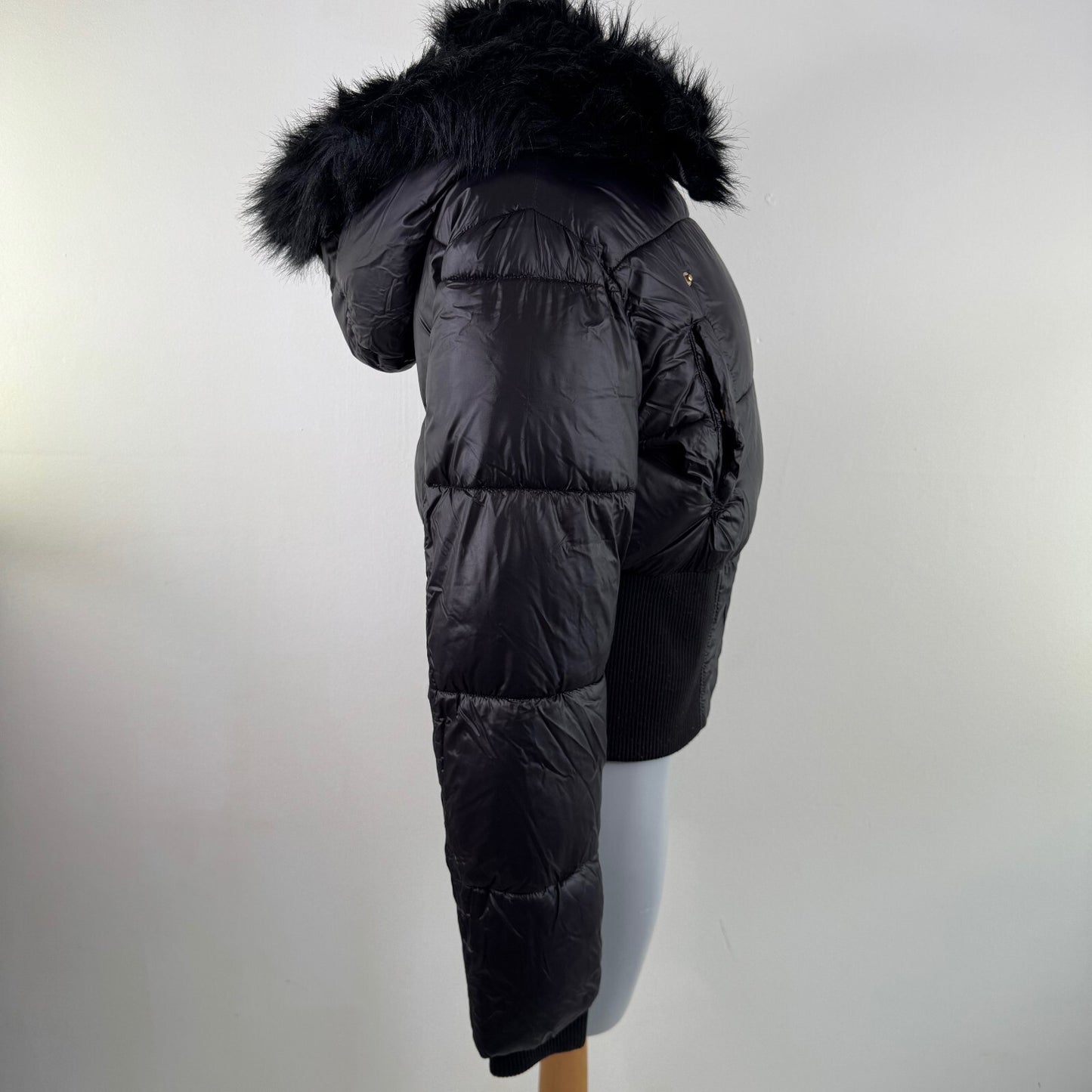 Vintage asymmetrical zip up bomber jacket faux fur trim mcbling cinch fitted