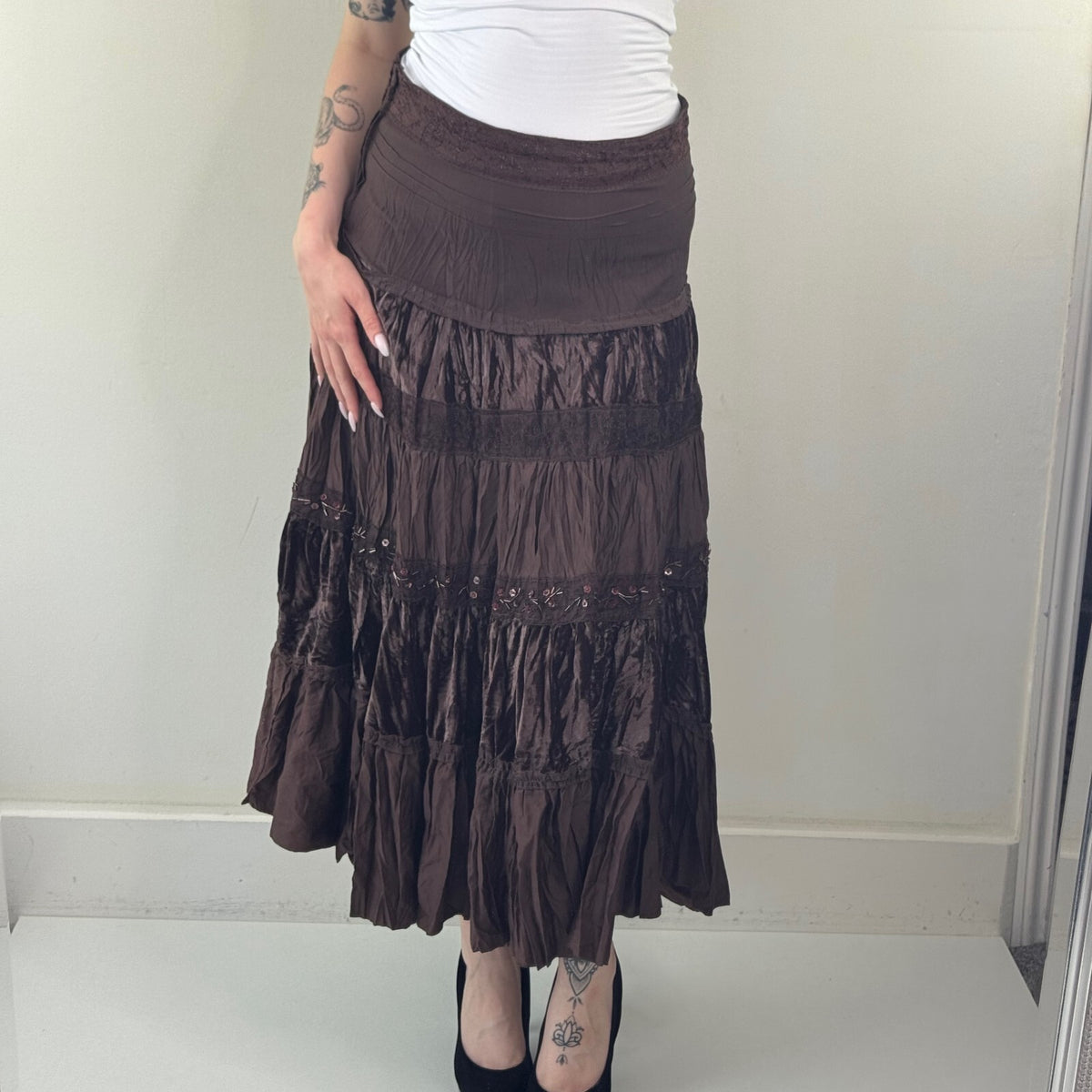 Y2K vintage maxi skirt boho a line tiered sequin velvet coquette fairy brown