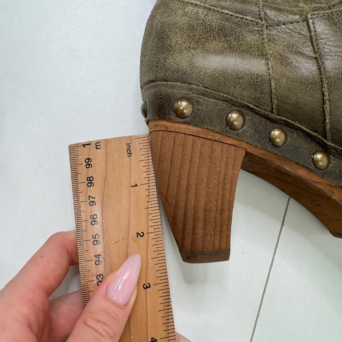 Vintage genuine leather boots studded heels wooden short 2010s archive khaki