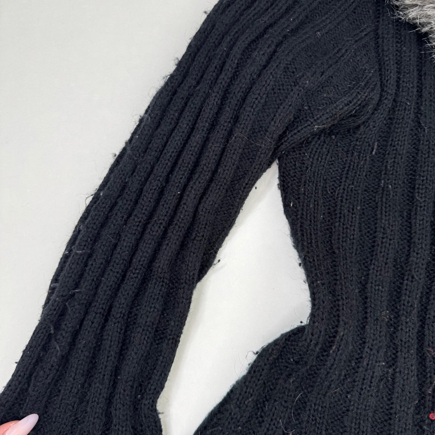 Y2K vintage cardigan wool blend chunky knit faux fur trim collar long floral