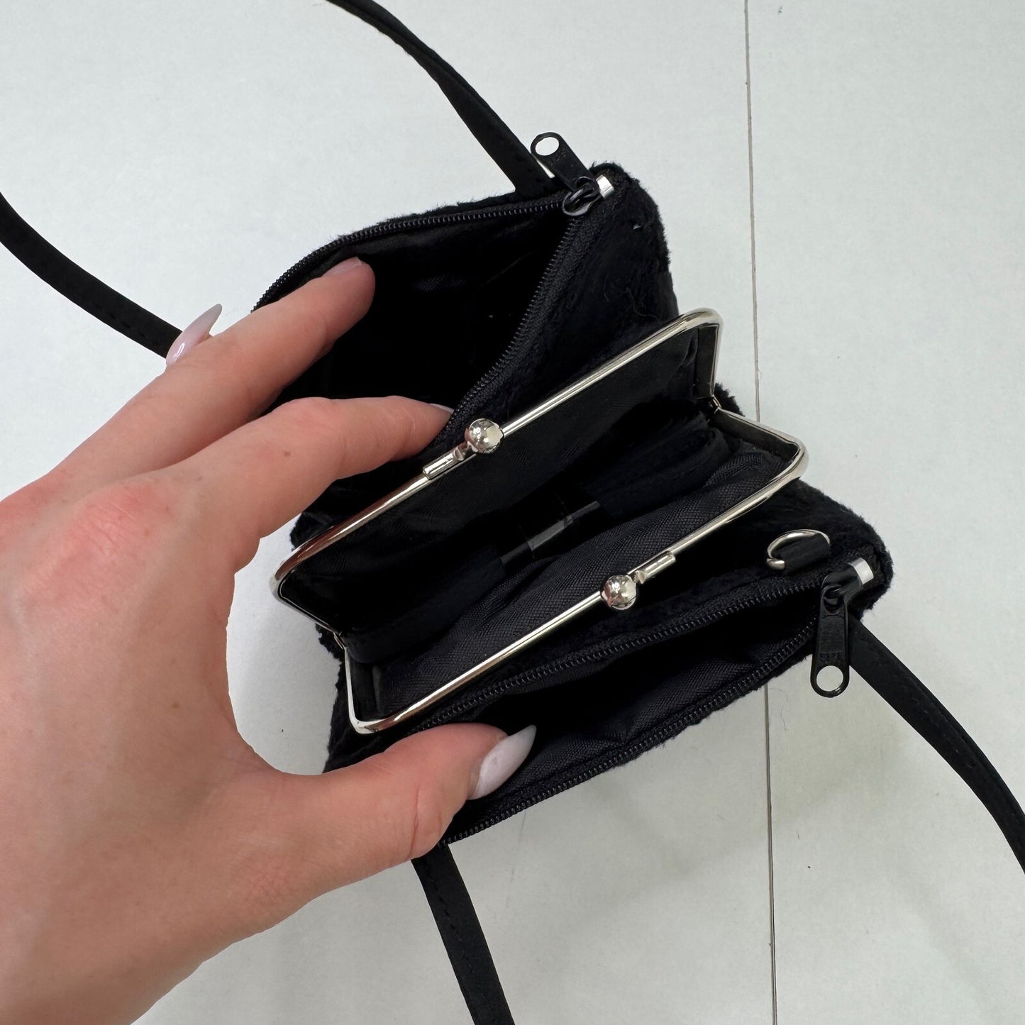 Y2K vintage micro mini handbag fuzzy fluffy clasp with crossbody bag black