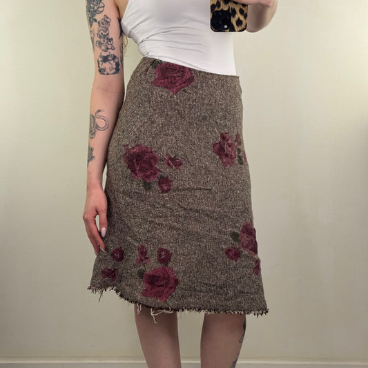 Y2K vintage midi skirt wool blend midi knee length fraying hem rose floral print