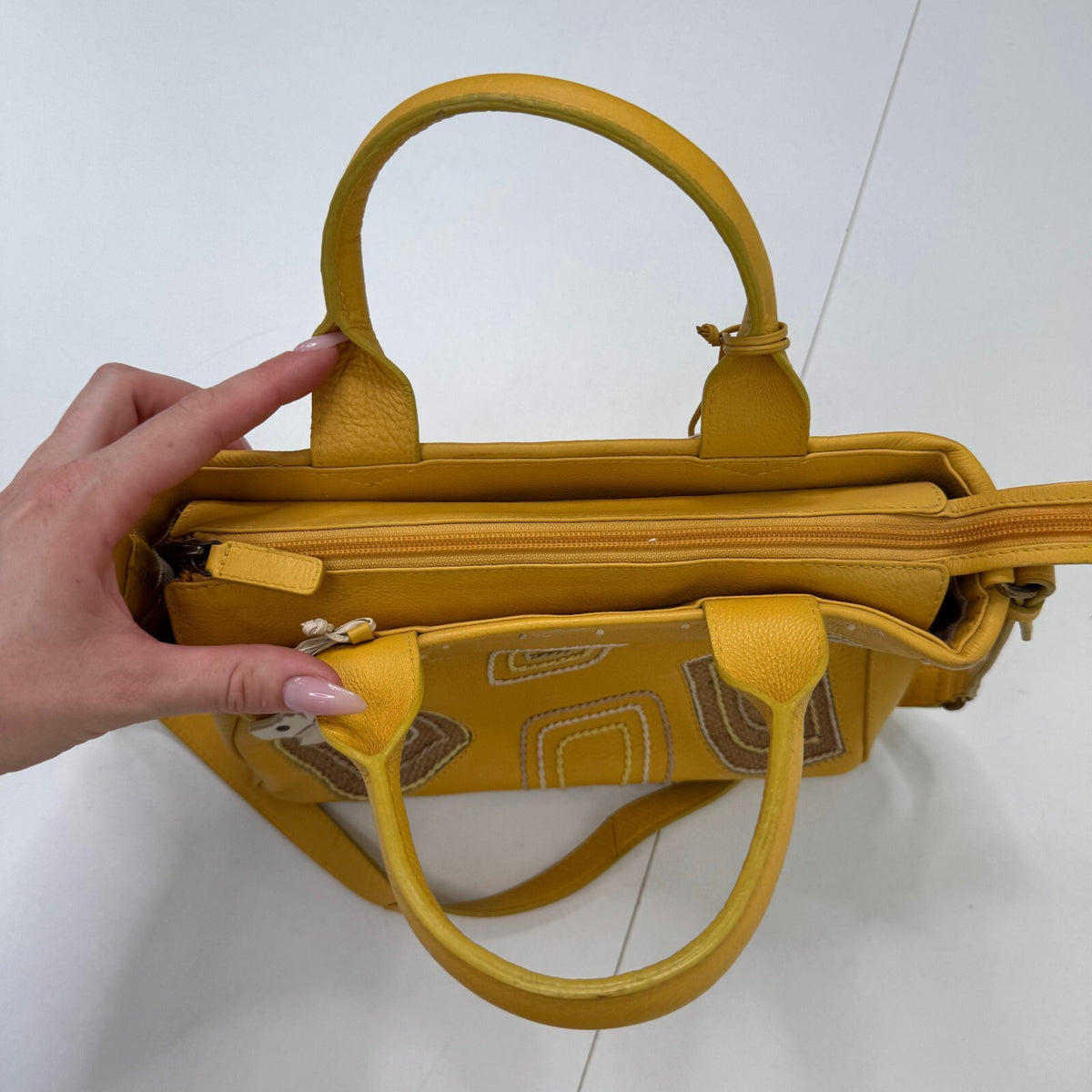 Radley Mustard Yellow Genuine Leather Embroidered Detail Handbag Shoulder Bag