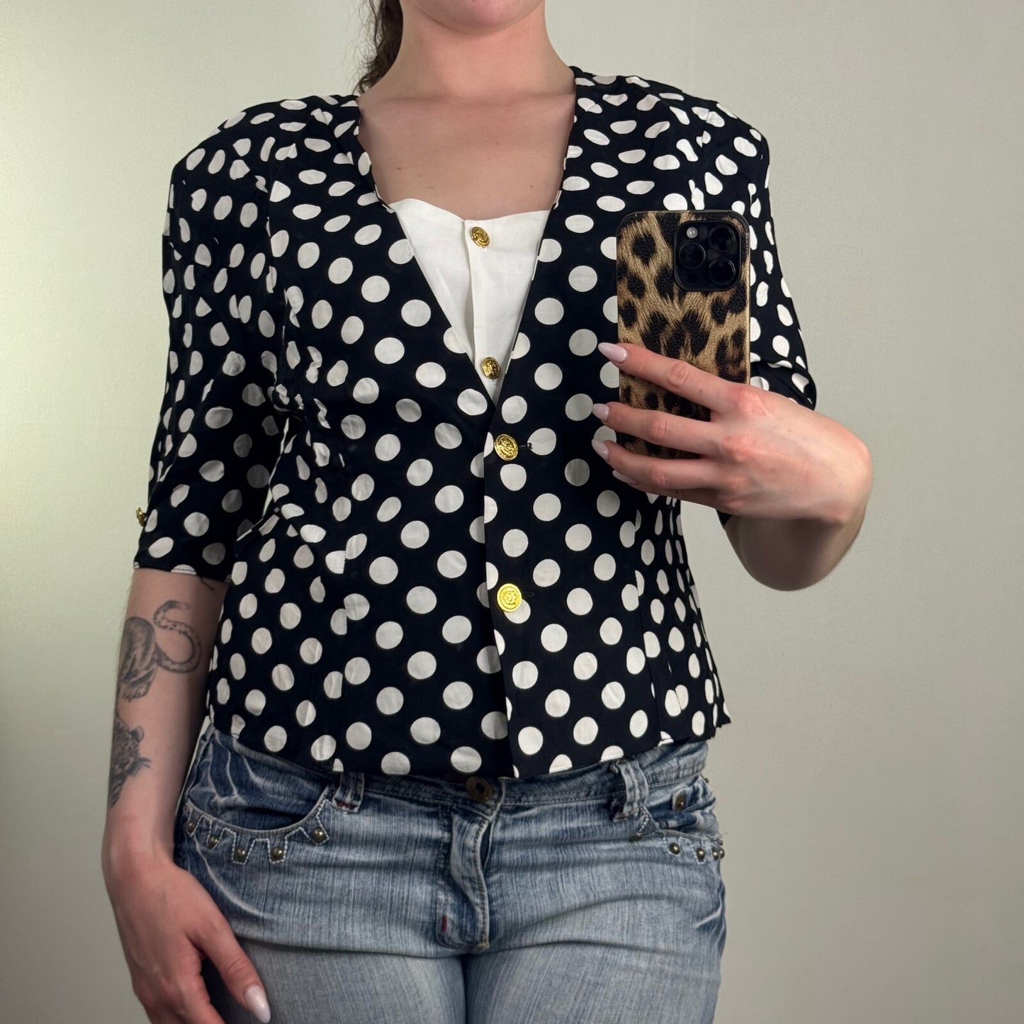 Vintage 80s blouse shoulder pads 3/4 sleeve polka dot shirt buttons tailored