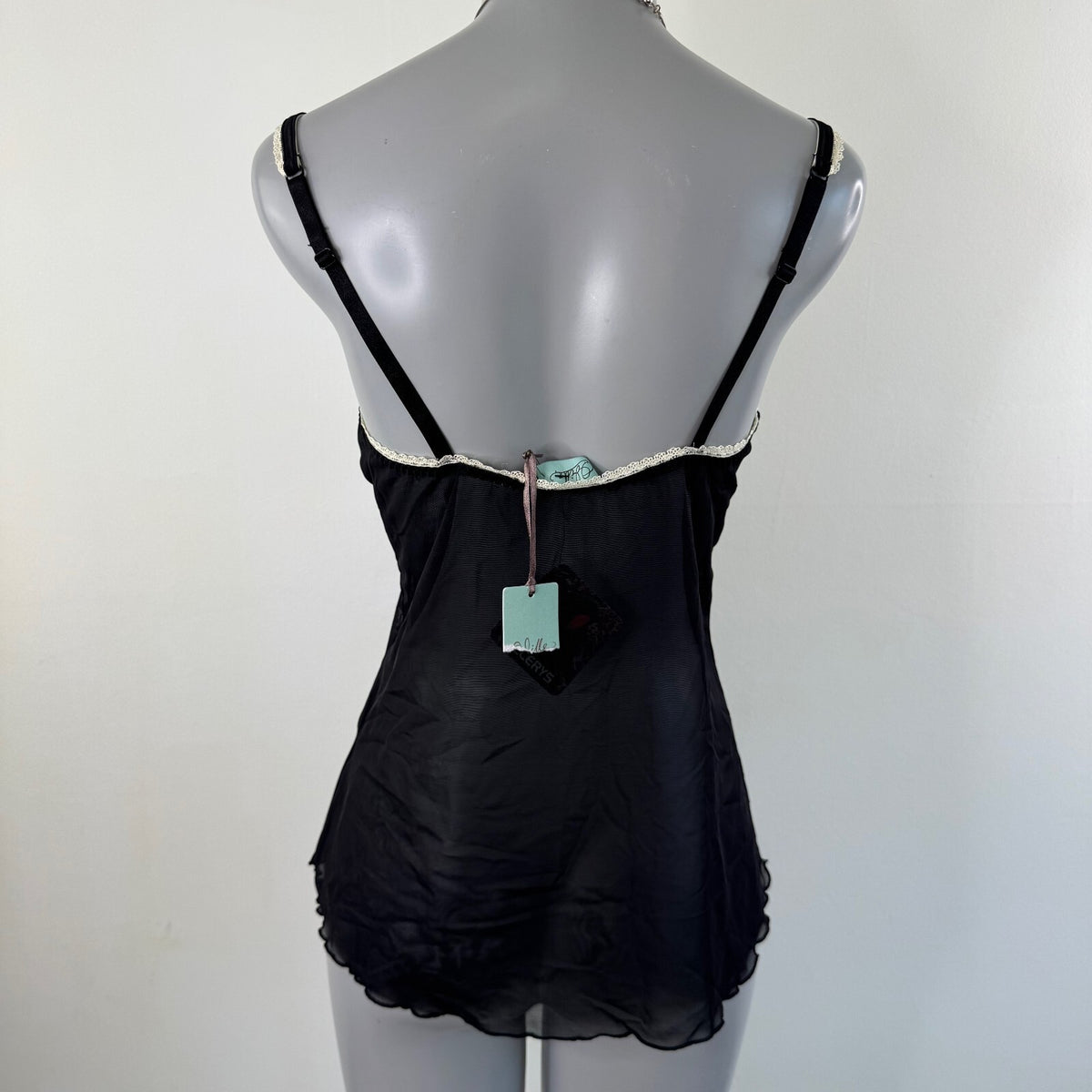 Y2K vintage cami top mesh snowflake sequin lace trim bow sheer winter christmas