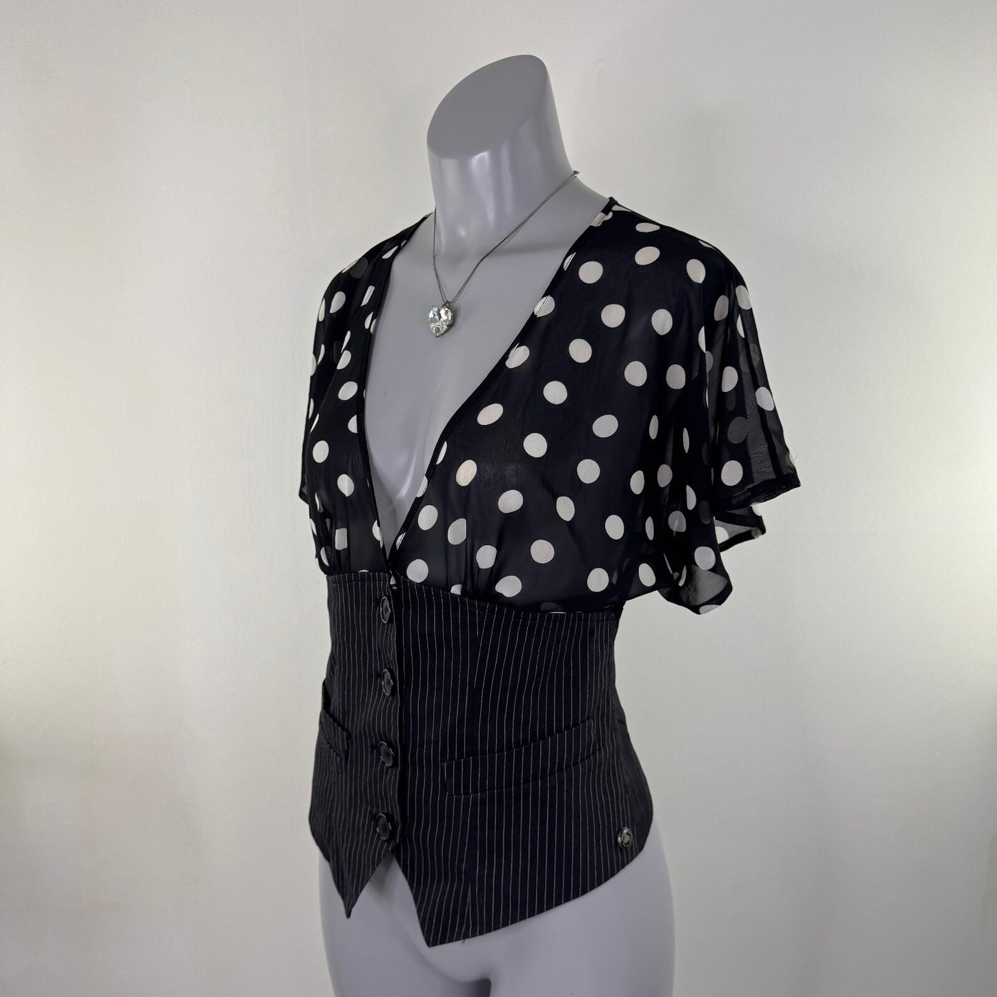 Y2K vintage blouse short flare sleeve polka dot sequin waistcoat button up sheer