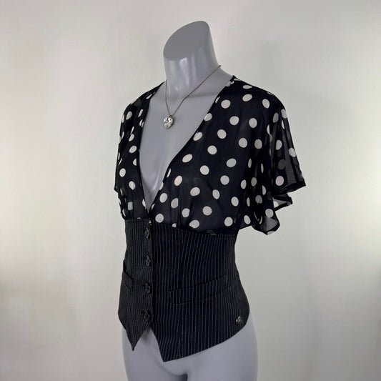 Y2K vintage blouse short flare sleeve polka dot sequin waistcoat button up sheer