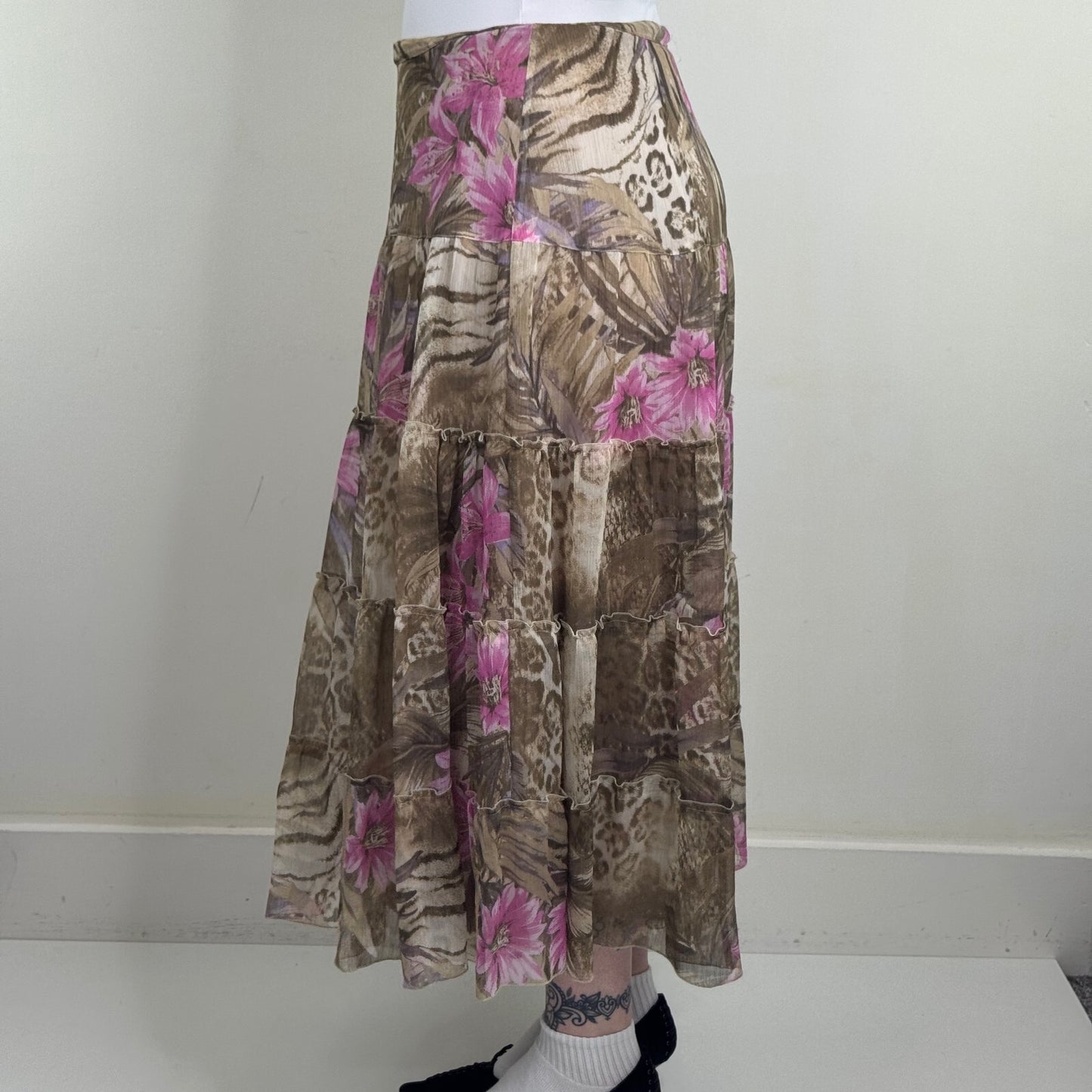 Y2K vintage maxi skirt a line lined floral leopard print tiered boho summer