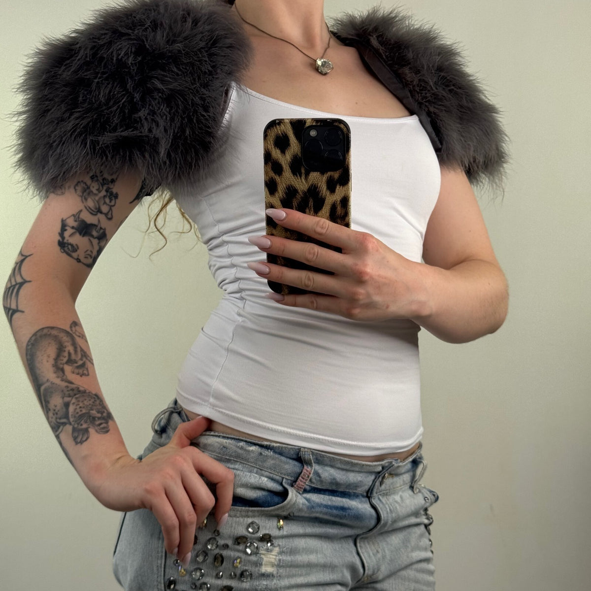 Y2K vintage feather shawl bolero grey super crop short sleeve open front