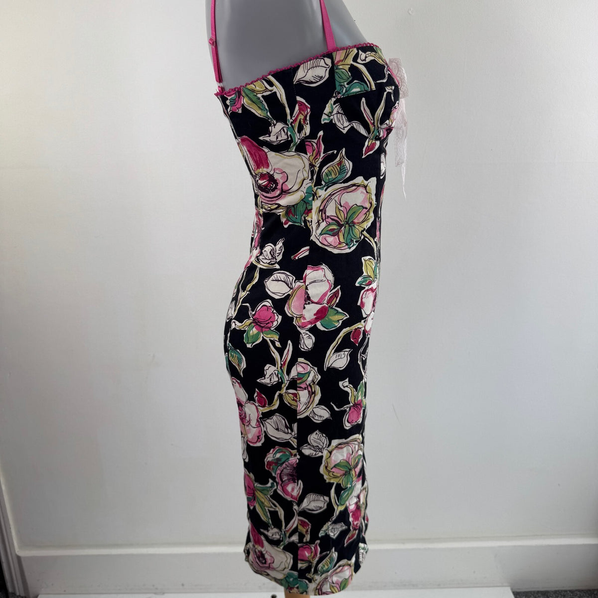 Y2K vintage midi dress floral rose pattern fitted bodycon lace up bust coquette