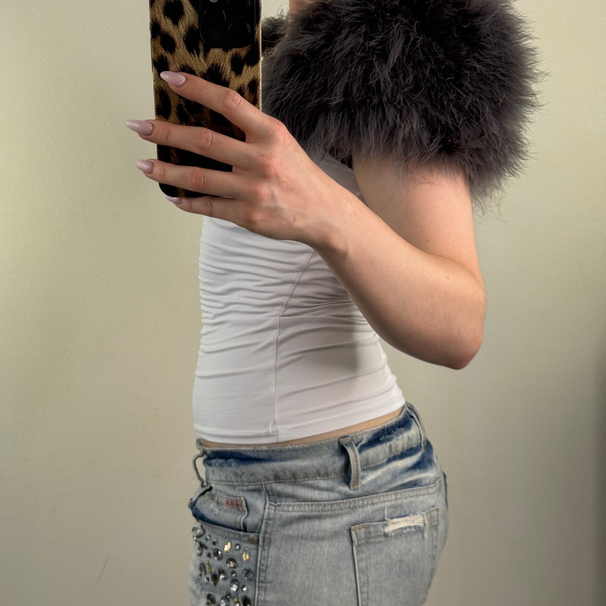 Y2K vintage feather shawl bolero grey super crop short sleeve open front