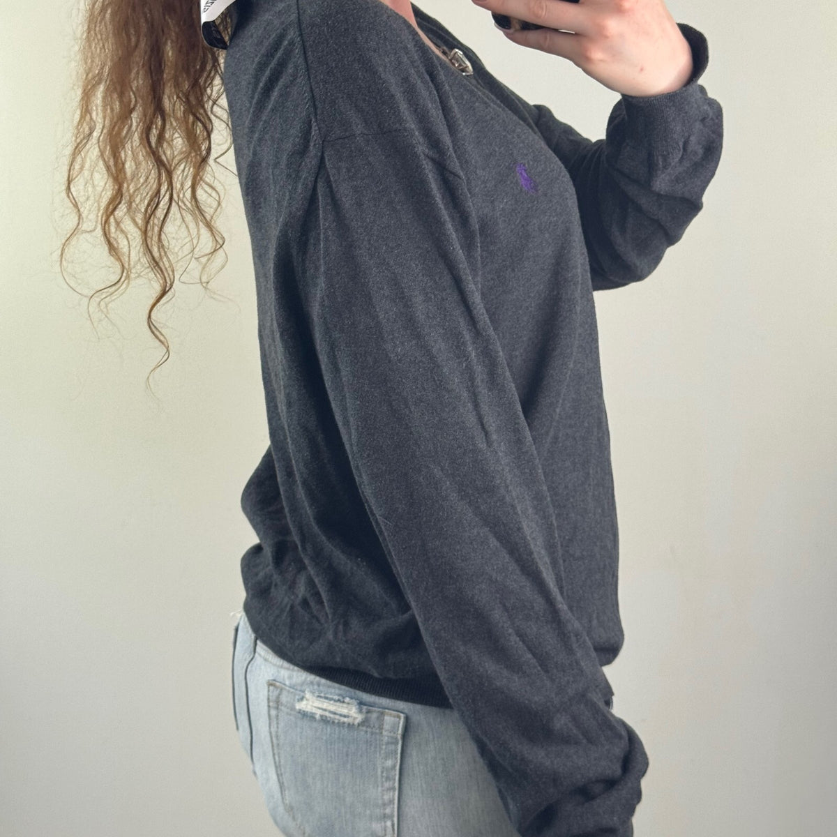 Polo Ralph Lauren jumper fine knit dark grey purple logo 100% pima cotton