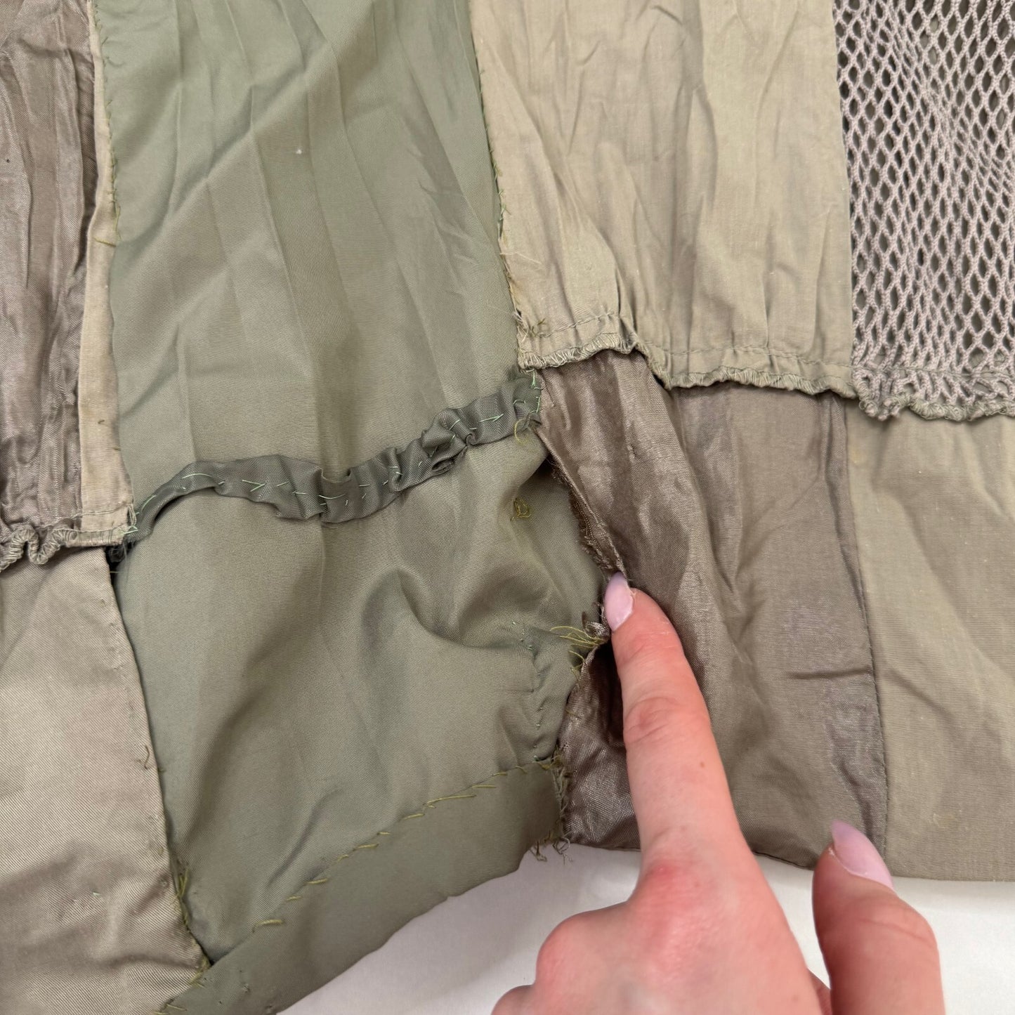 Y2K vintage maxi skirt patchwork satin fishnet khaki crinkle a line boho