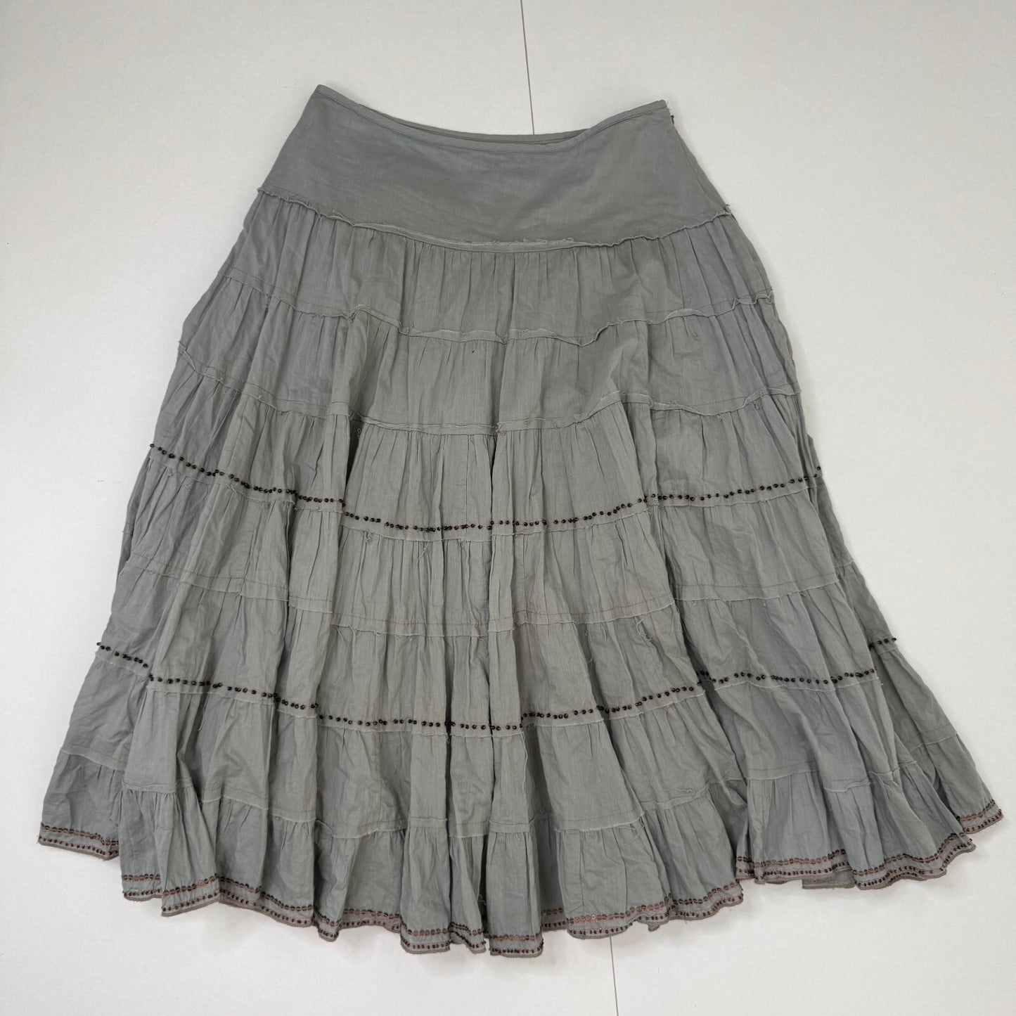 Y2K vintage maxi skirt tiered beaded a line boho summer fraying hem summer