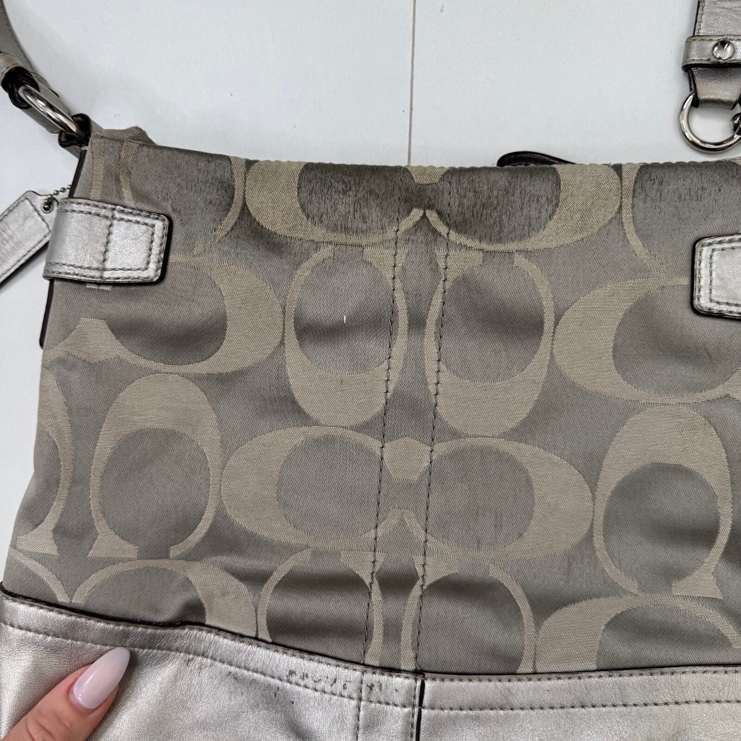 Vintage Coach Monogram Canvas Leather Metallic Crossbody Bag Chain Strap Zip