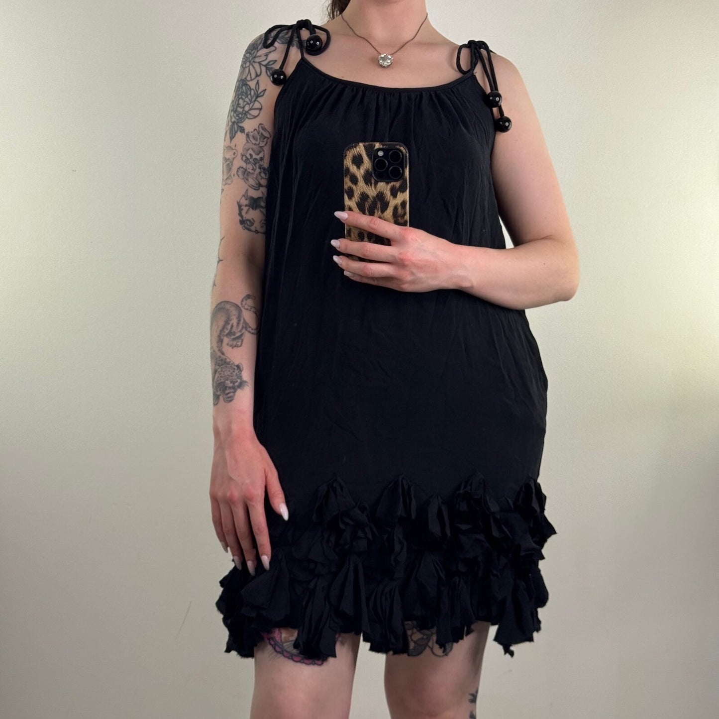 Y2K vintage Jaeger 100% silk midi dress ruffle bead straps bow frilly pockets