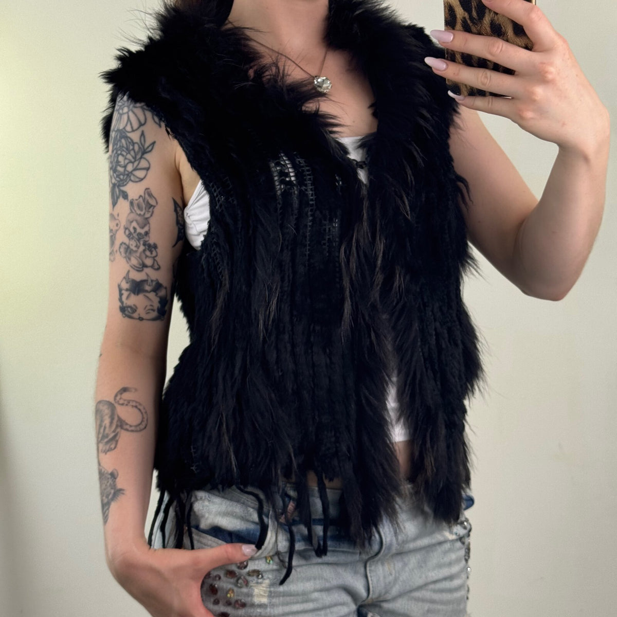 Vintage rabbit/ marmot gilet genuine fur collar trim sleeveless jacket black