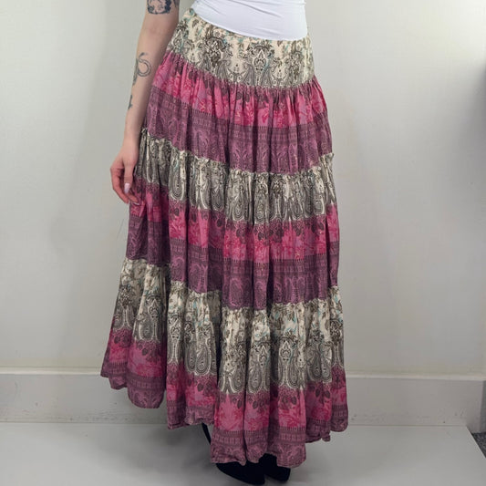 Y2K vintage maxi skirt boho patchwork tiered paisley floral pink cream purple