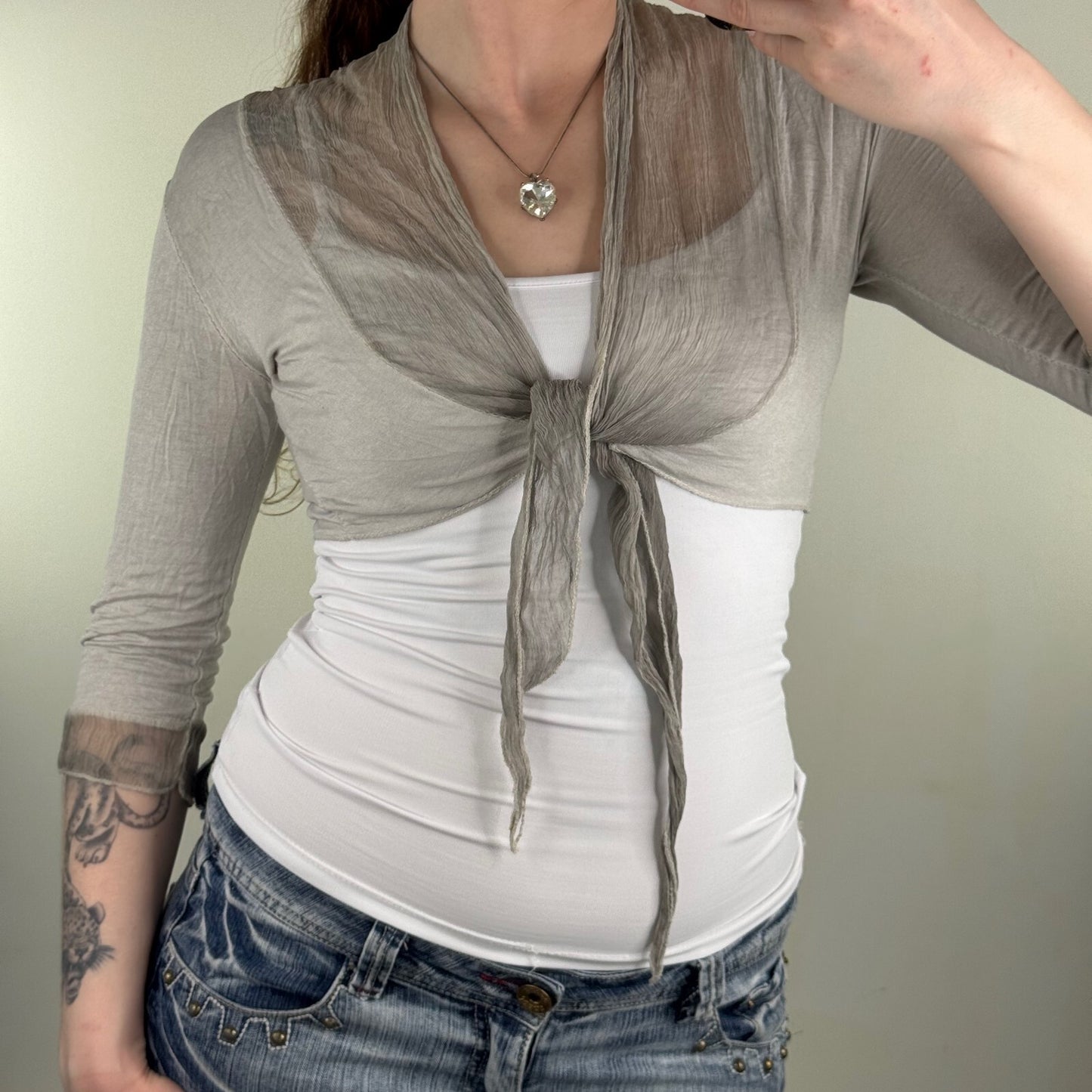 Y2K vintage cardigan silk blend tie front cropped 3/4 sleeve grey