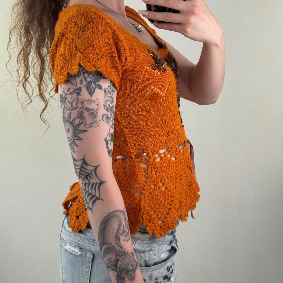 Y2K vintage mohair knit short sleeve top beaded floral embellished sheer bow