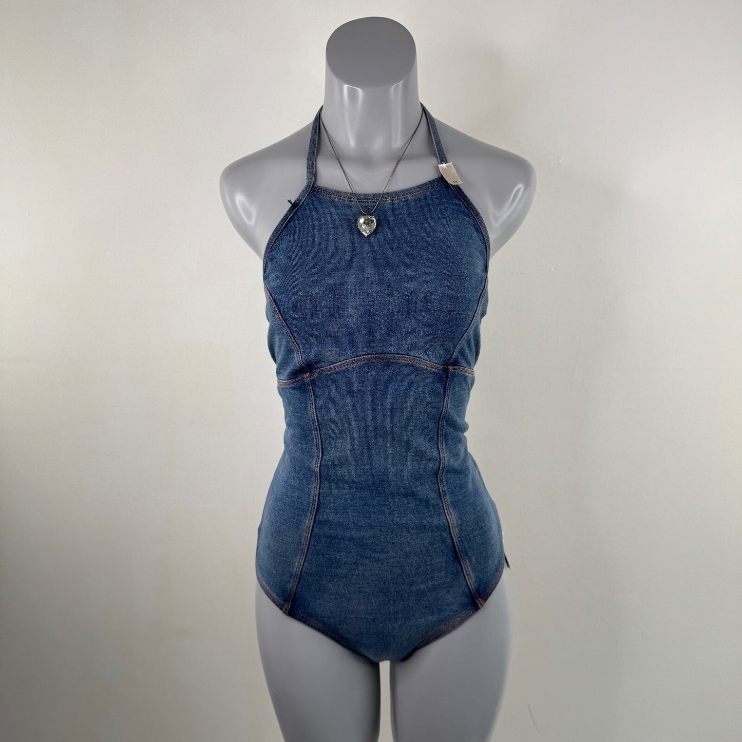 Y2K vintage denim style swimsuit halter neck bow low back blue one piece swim