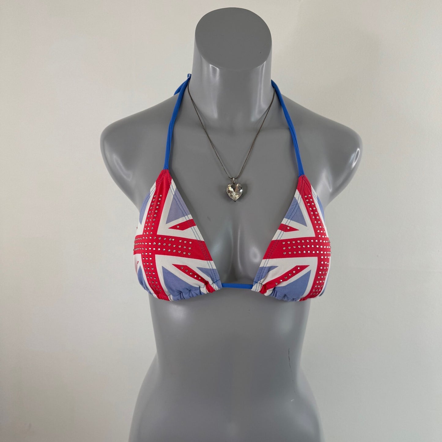 Y2K vintage bikini top union jack rhinestone pink blue halter neck tie
