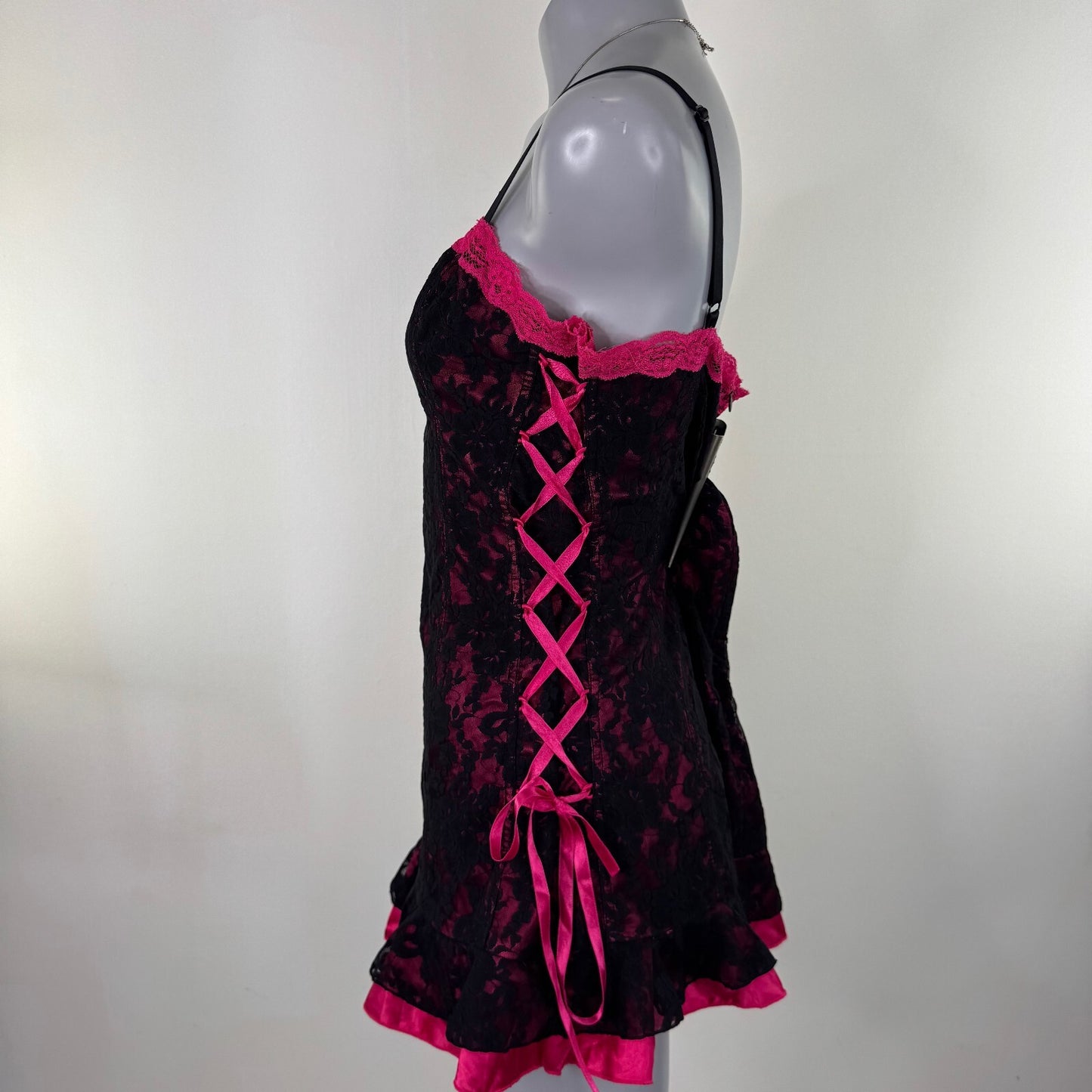 Y2K vintage chemise babydoll mini dress lace up trim frilly rara pink black bow