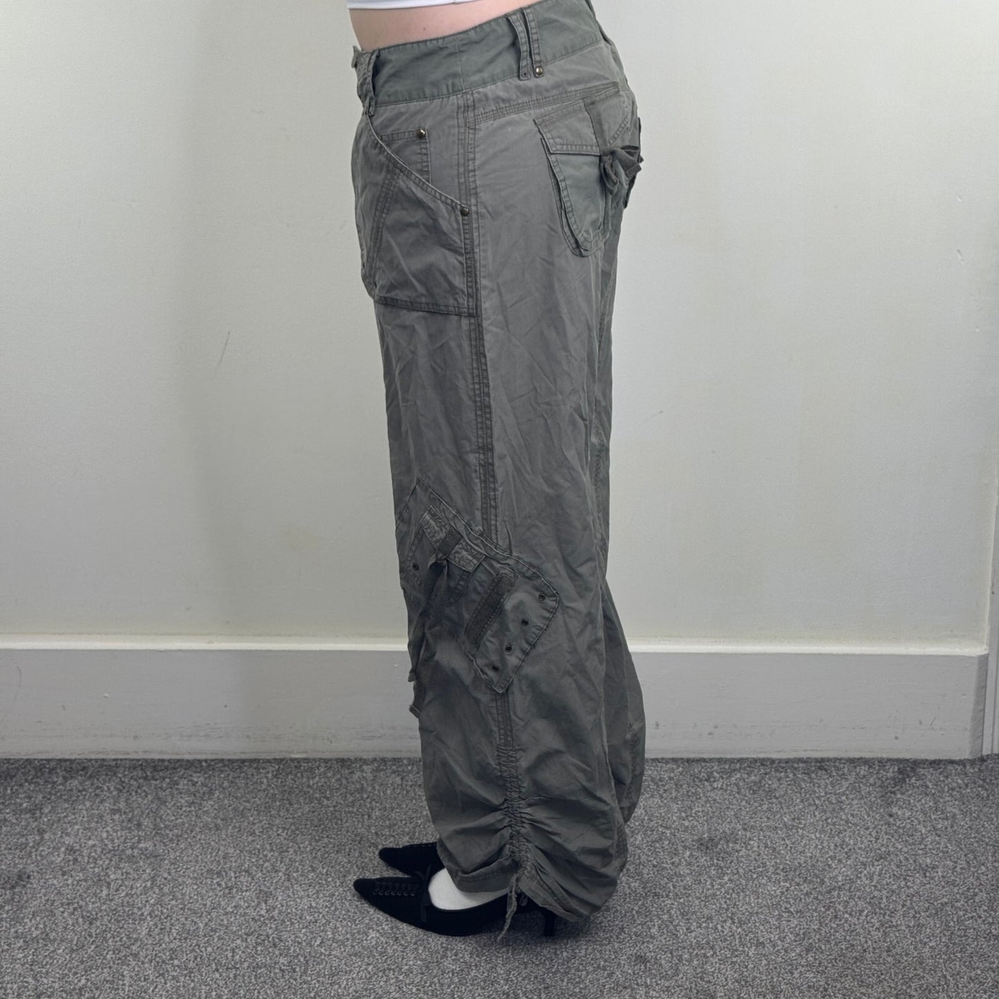 Y2K vintage cargo trousers pants utility baggy ruched bow pockets baggy khaki