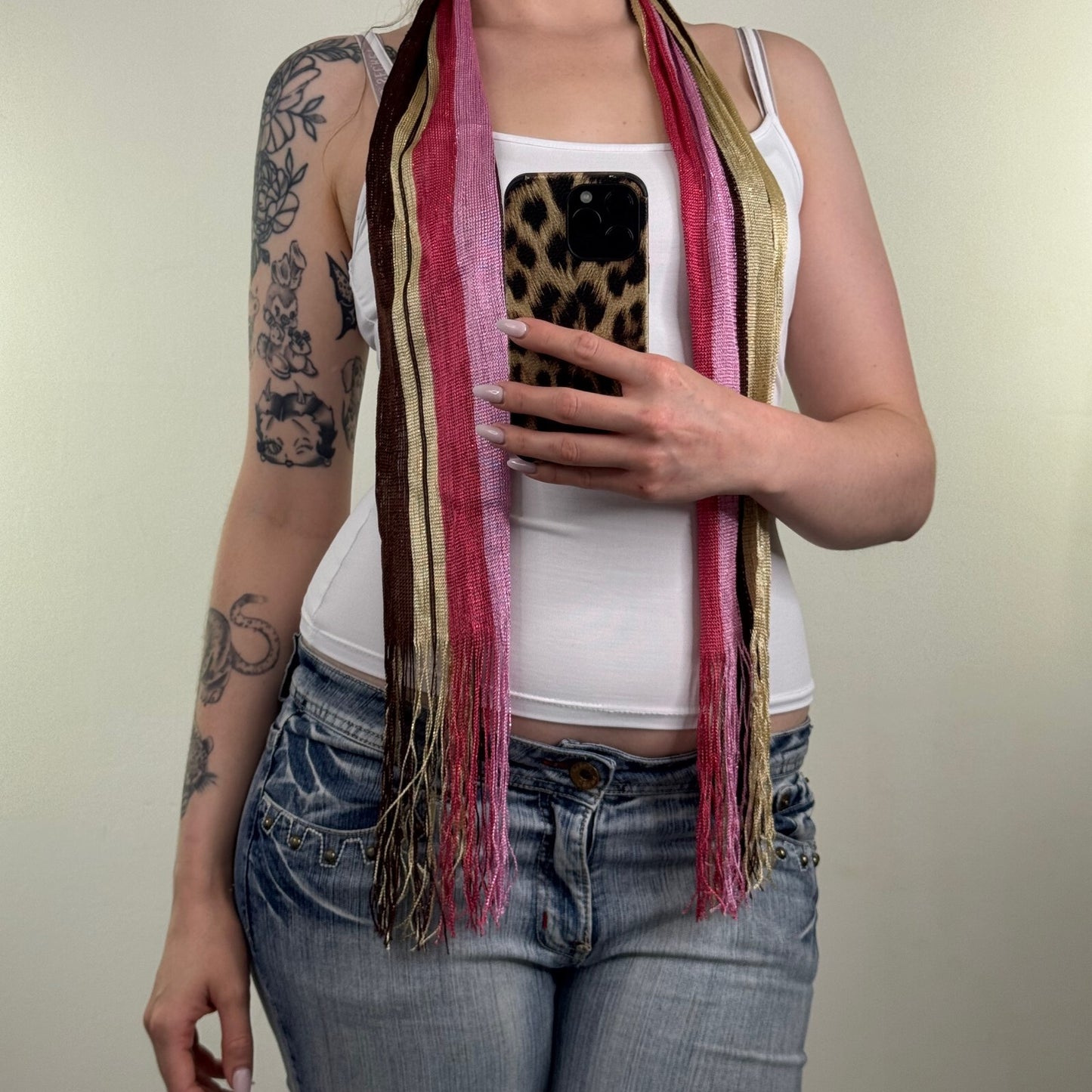 Y2K vintage scarf fine knit stripe fringe pink brown cream multi