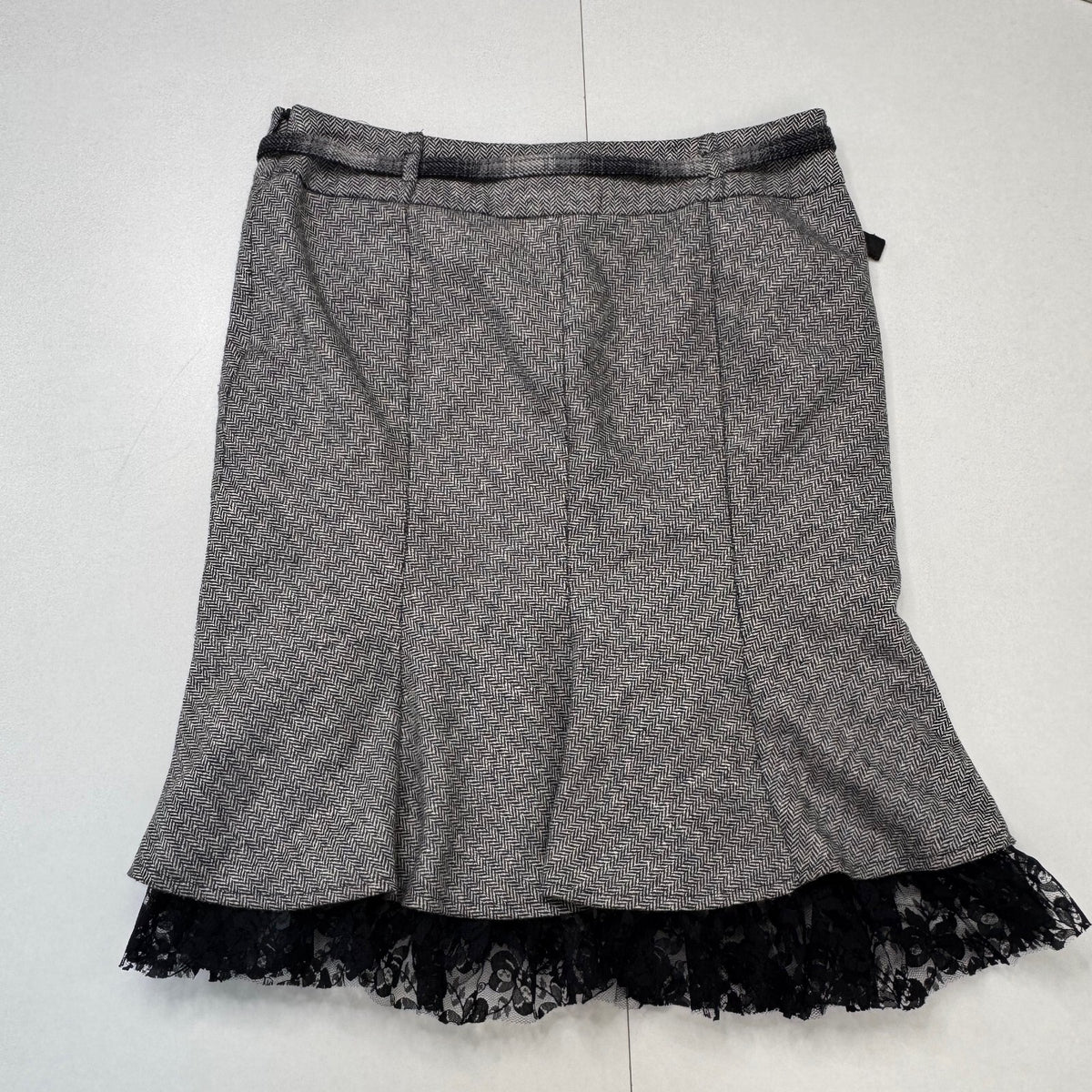 Y2K vintage midi skirt silk wool blend lace trim herringbone tweed a line