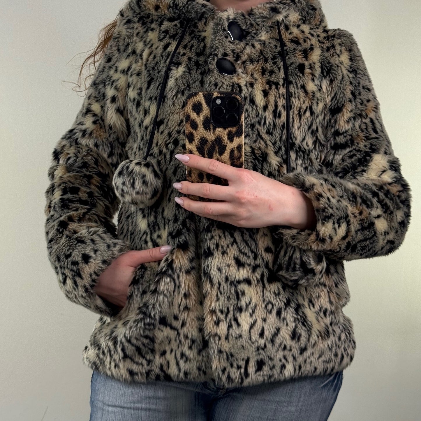 Y2K vintage faux fur jacket leopard print with hood pom poms button up