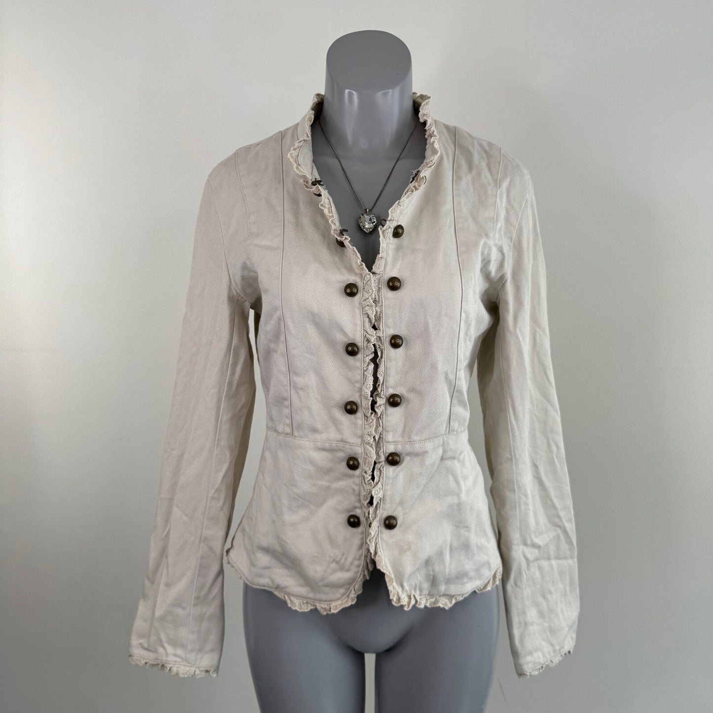 Y2K vintage military denim jacket hook and eye ruffle hem broderie anglaise