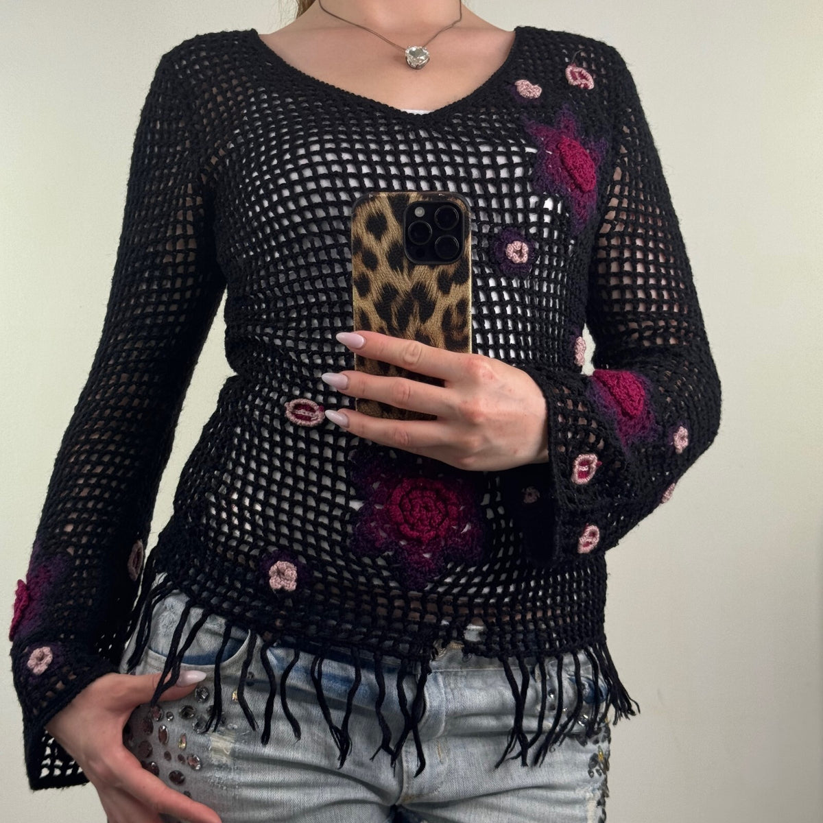 Y2K vintage crochet jumper knit floral pattern flare long sleeve fringe v neck
