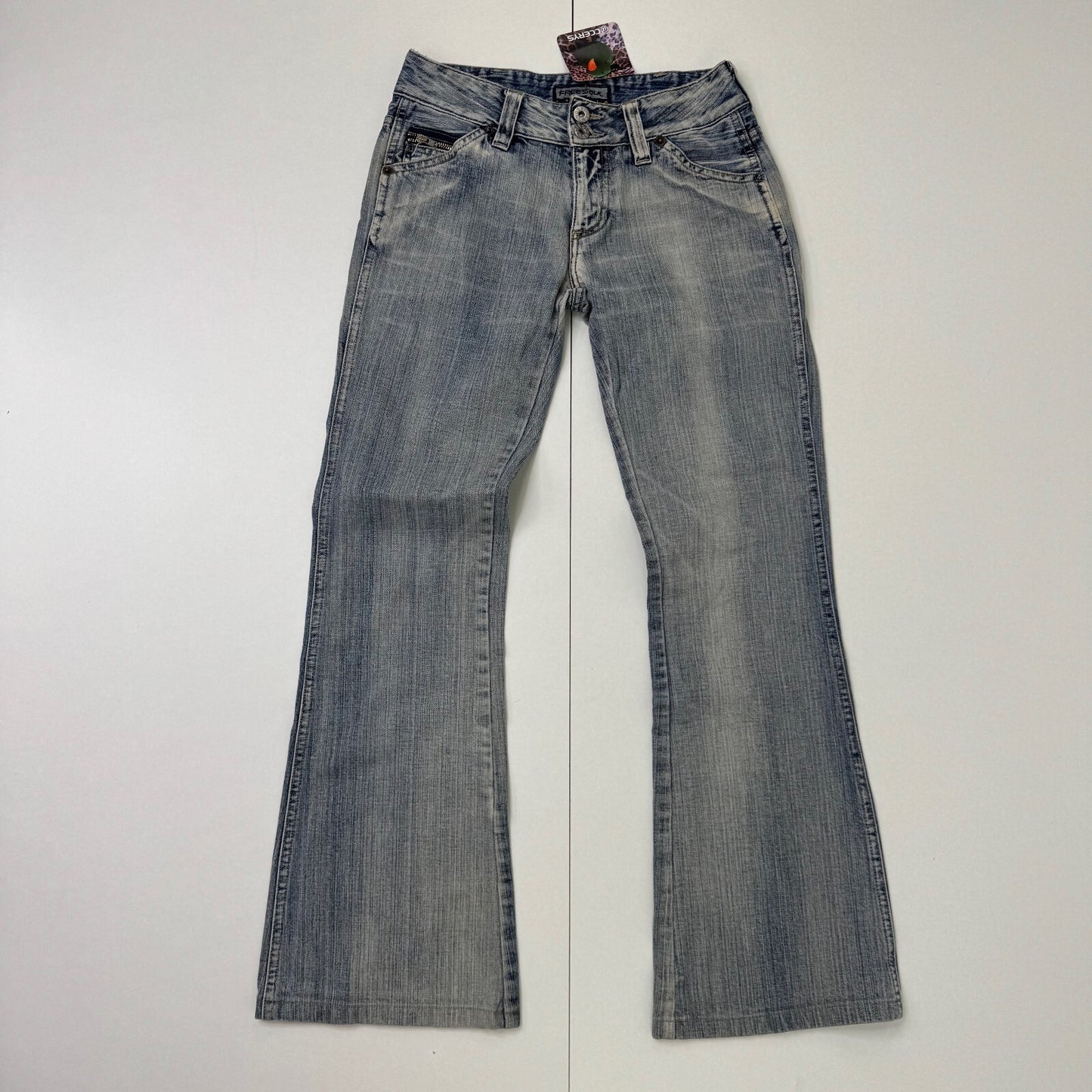 Y2K vintage low rise bootcut denim jeans faded distressed stripe wash