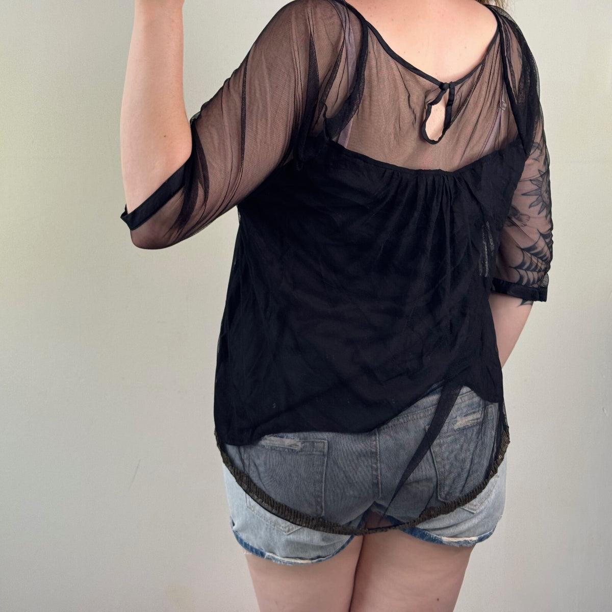 Y2K vintage silk blouse mesh 3/4 sleeve embellished boho layered square neck