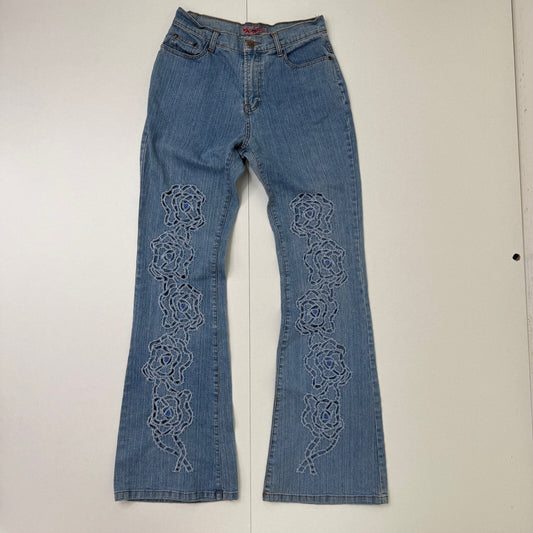 Y2K vintage bootcut denim jeans cut out beaded floral pattern light blue wash