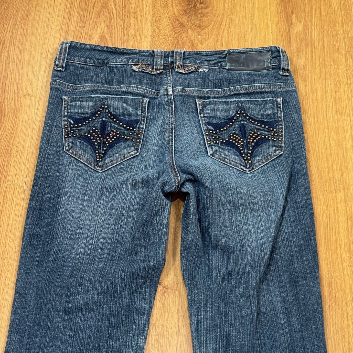 Y2K vintage bootcut denim jeans low rise dark faded wash studded embroidered