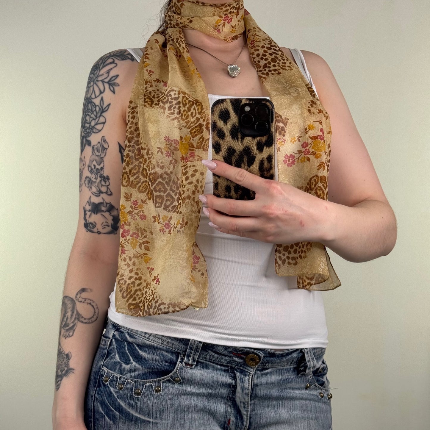 Y2K vintage scarf leopard print floral scarf beige