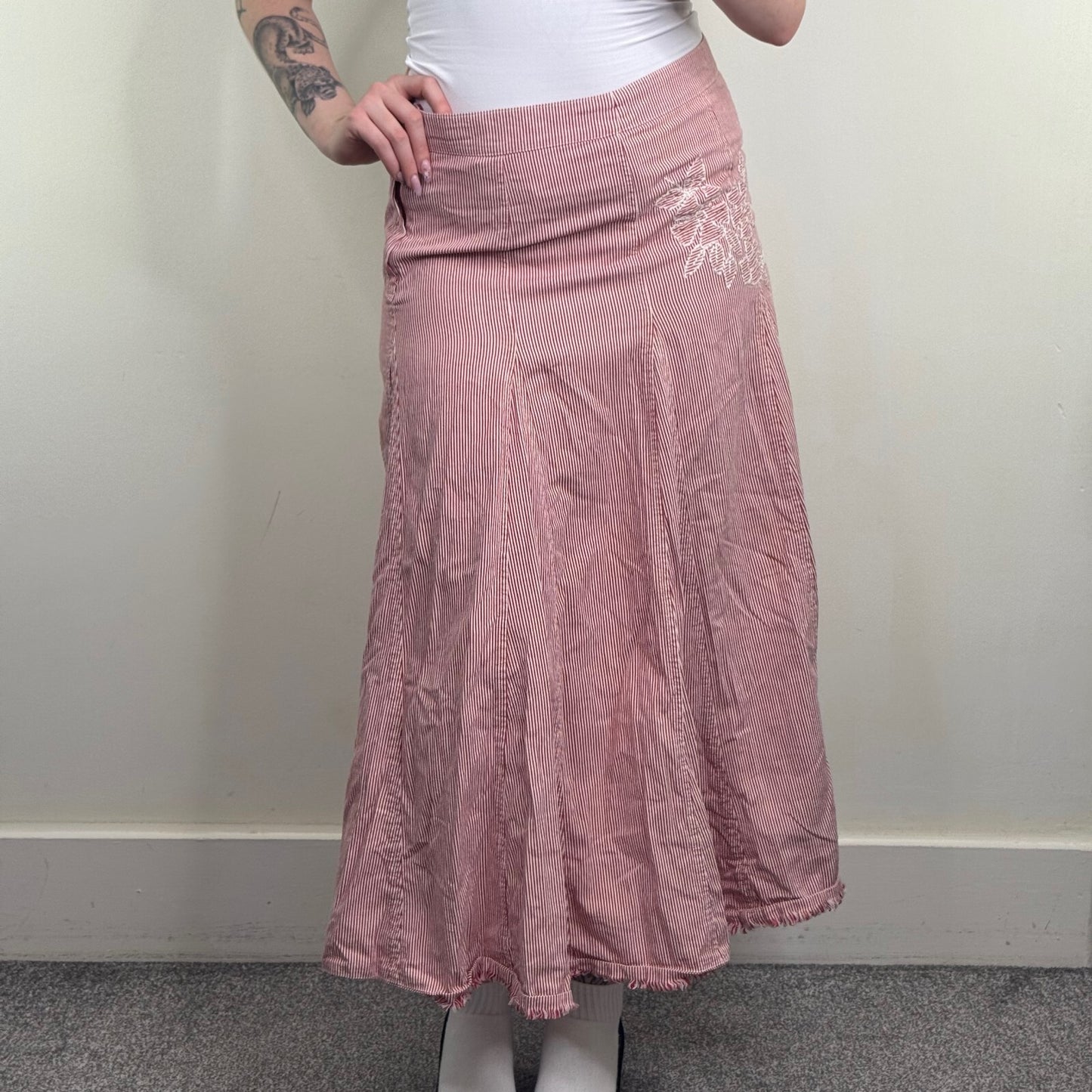 Y2K vintage Per Una maxi skirt cotton pinstripe a line floral embroidered boho