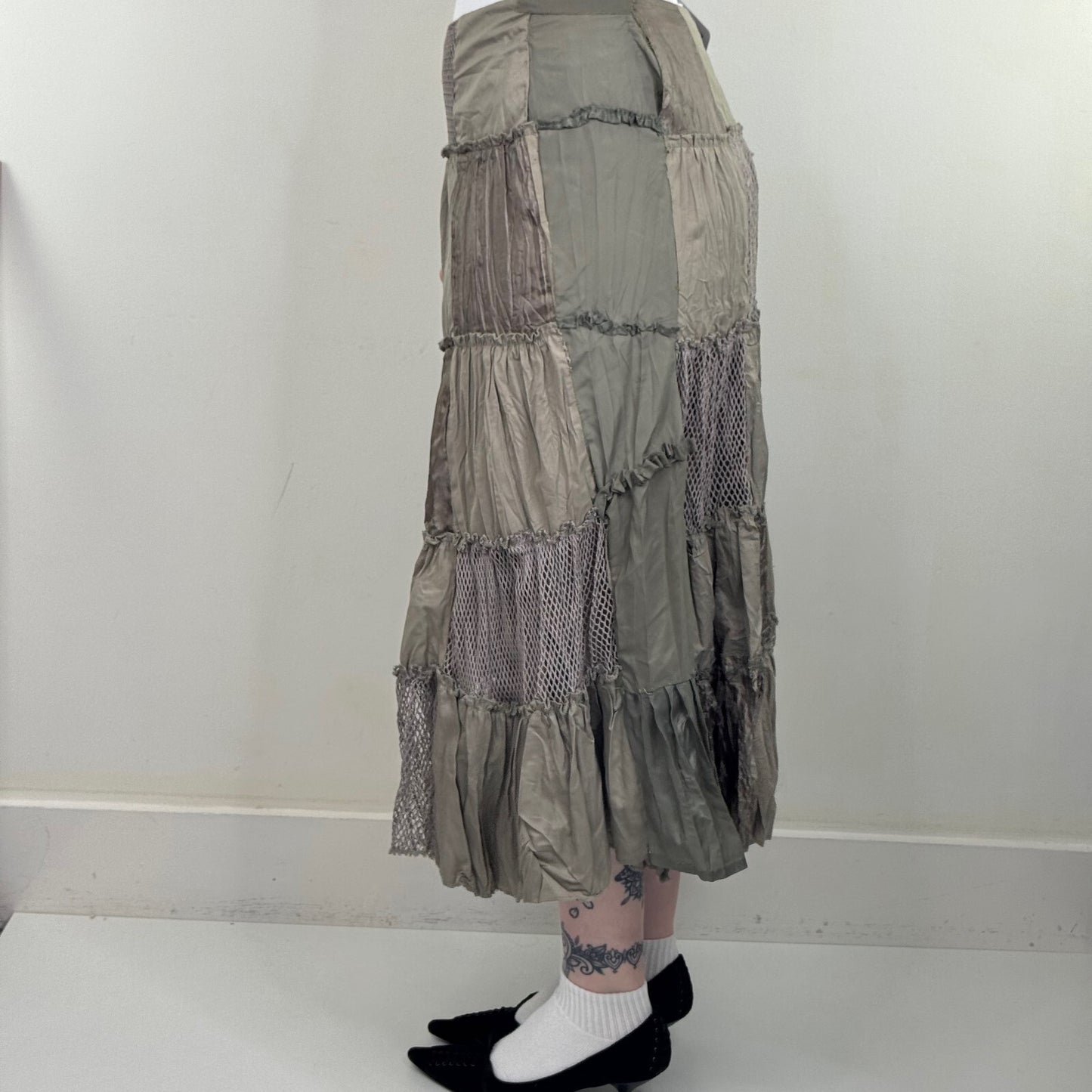 Y2K vintage maxi skirt patchwork satin fishnet khaki crinkle a line boho