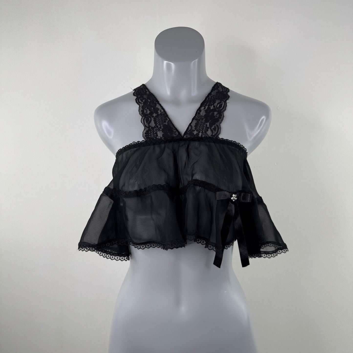 Y2K vintage Ann Summers crop top sheer lace tiered layered babydoll racer back