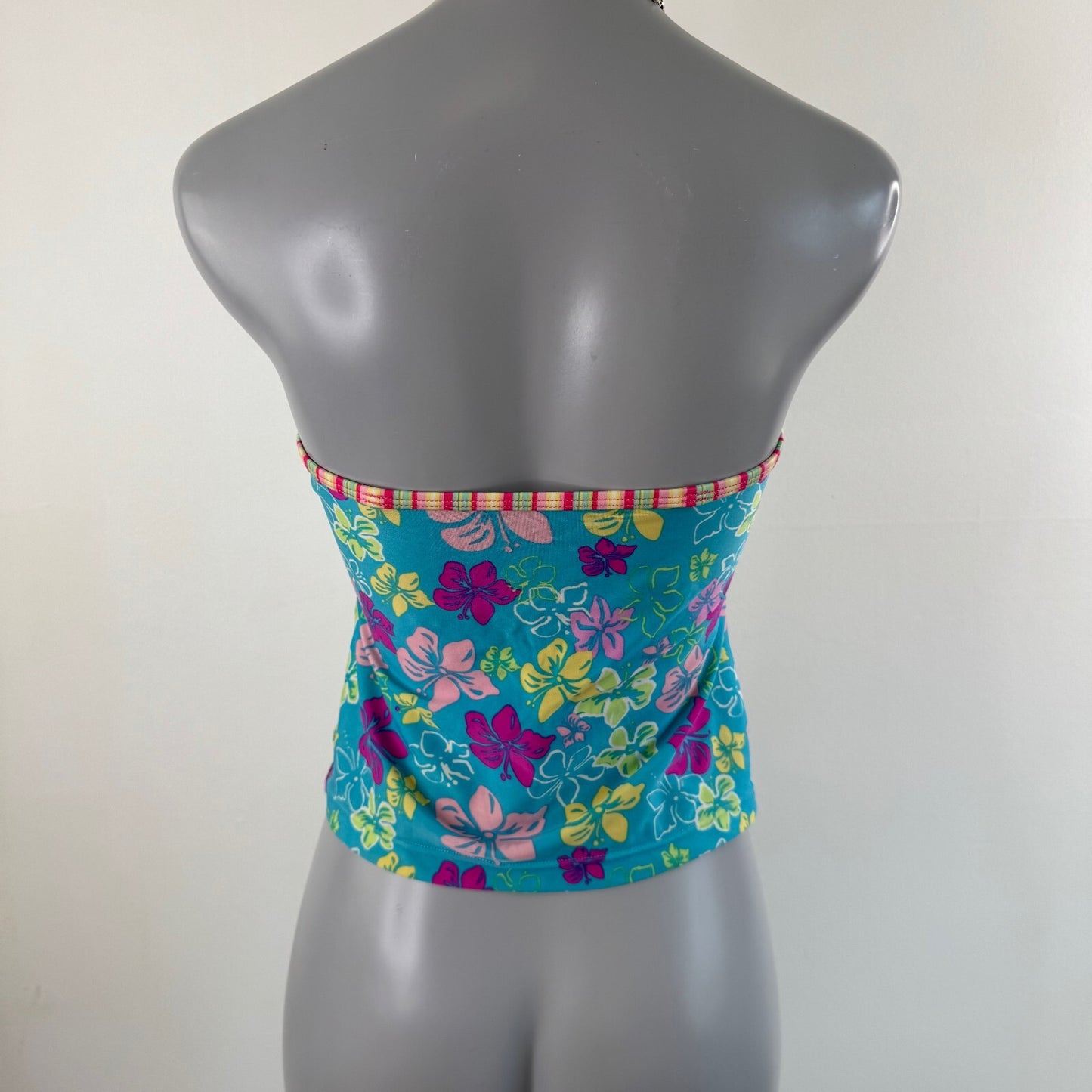 Y2K vintage tankini top strapless hibiscus floral stripe
