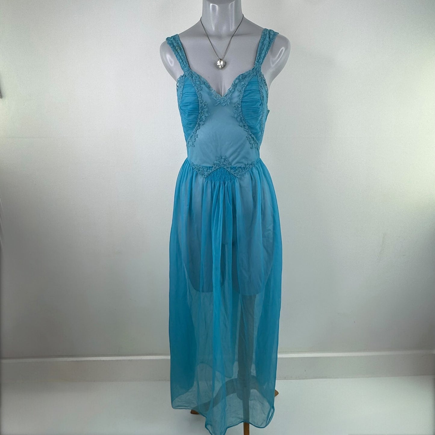Vintage lingerie sheer maxi dress mesh lace trim bow coquette chiffon nightdress