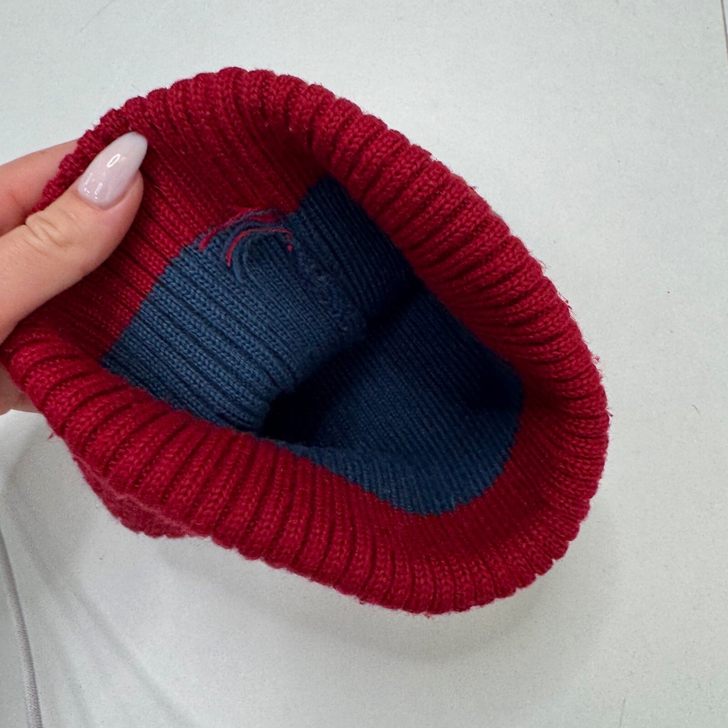 Vintage 90s Nike Swoosh Spellout Colour Block Beanie Hat Knit Blue Burgandy