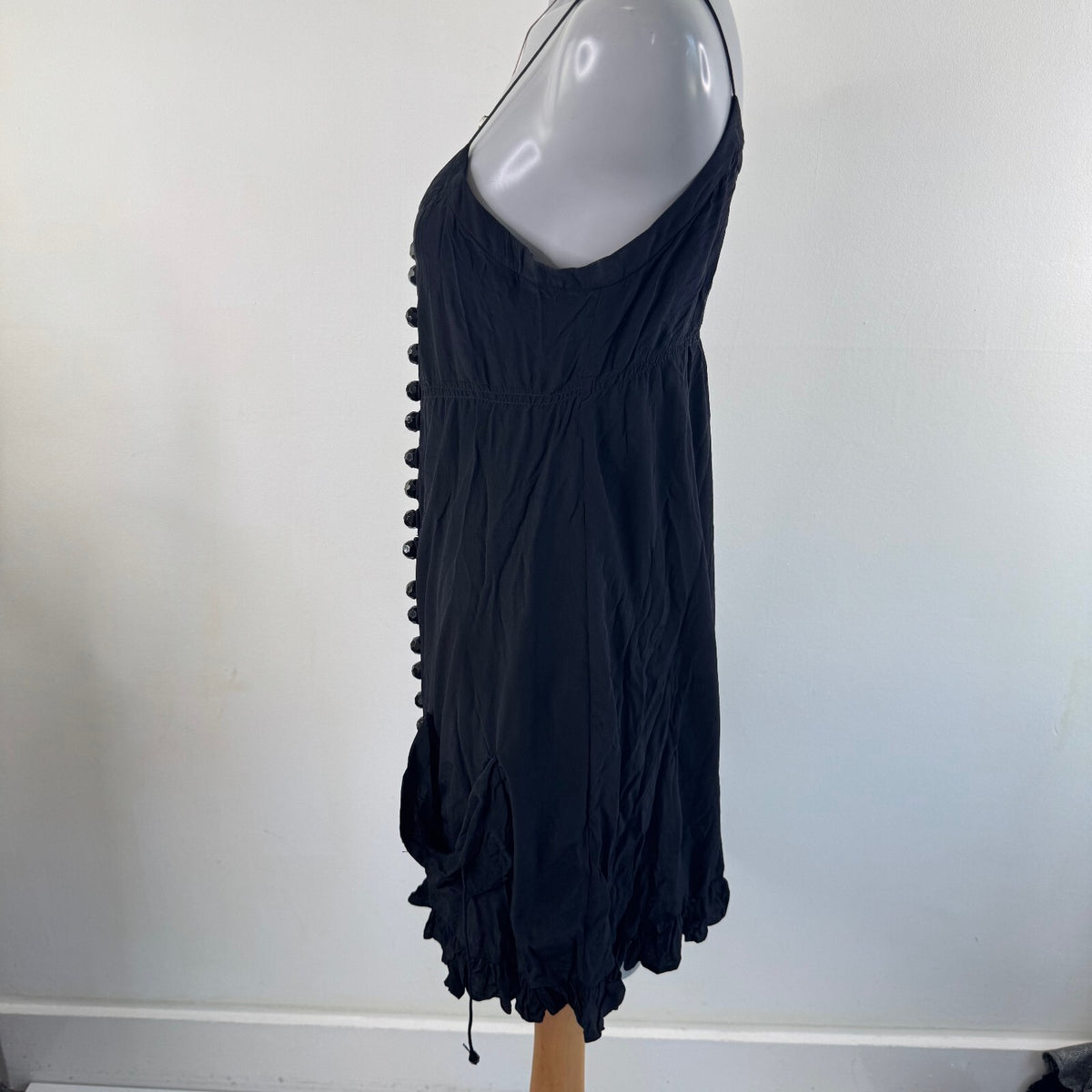 Y2K vintage silk mini dress ruffle button up pockets fairy boho coquette black