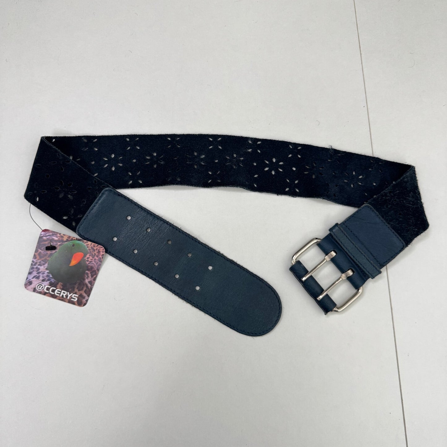 Y2K vintage belt suede chunky floral buckle navy silver boho