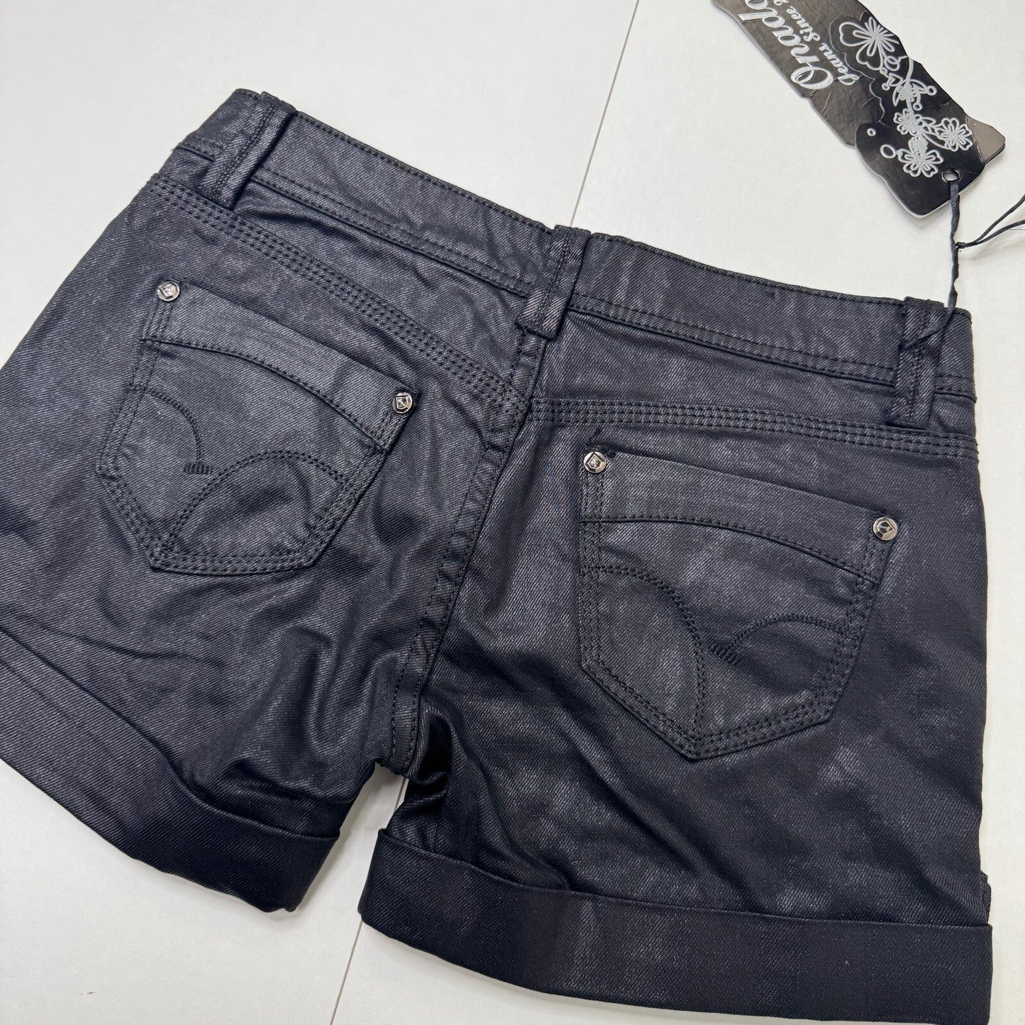 Y2K vintage denim mini shorts low rise stretchy turned up shiny look